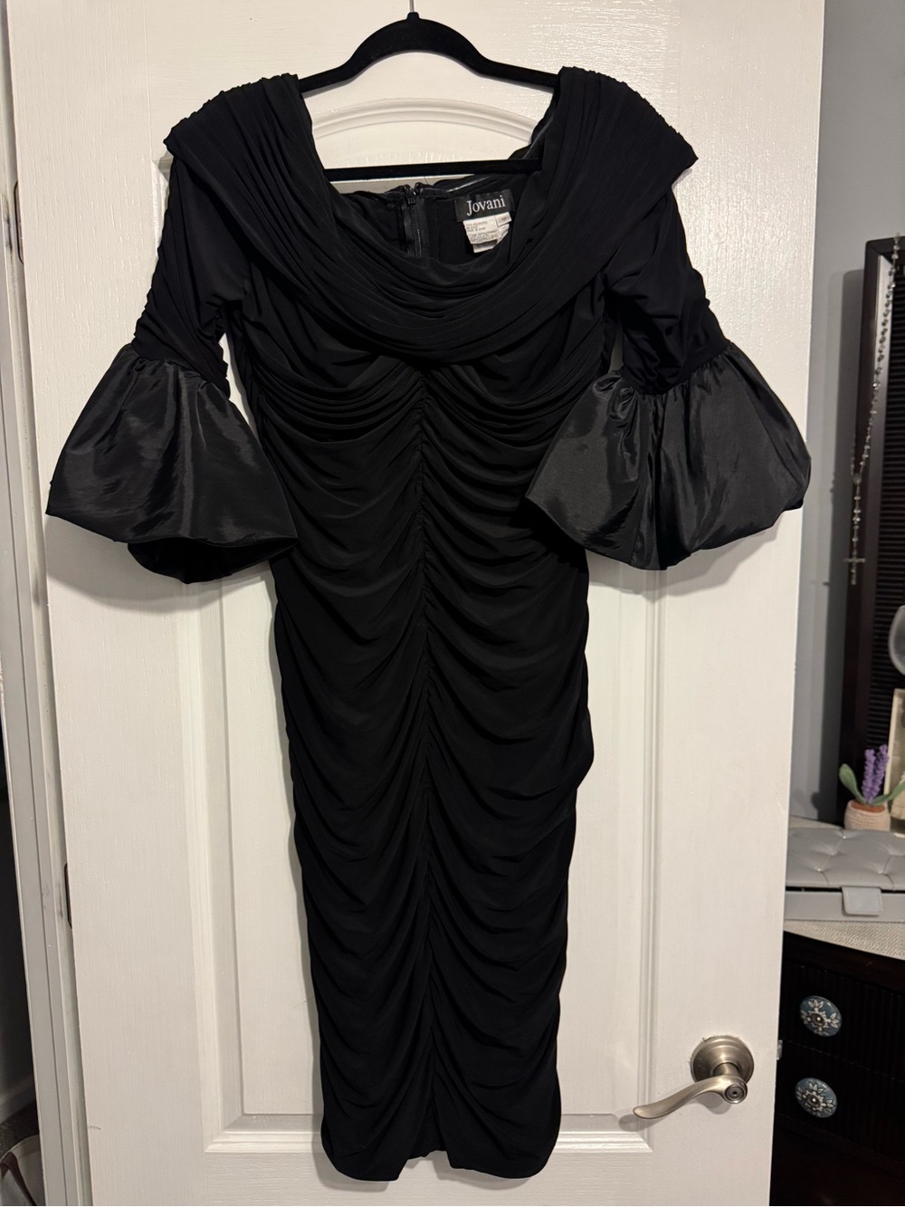 Jovani Black Ruched Midi Dress with Statement Puff Sleeves